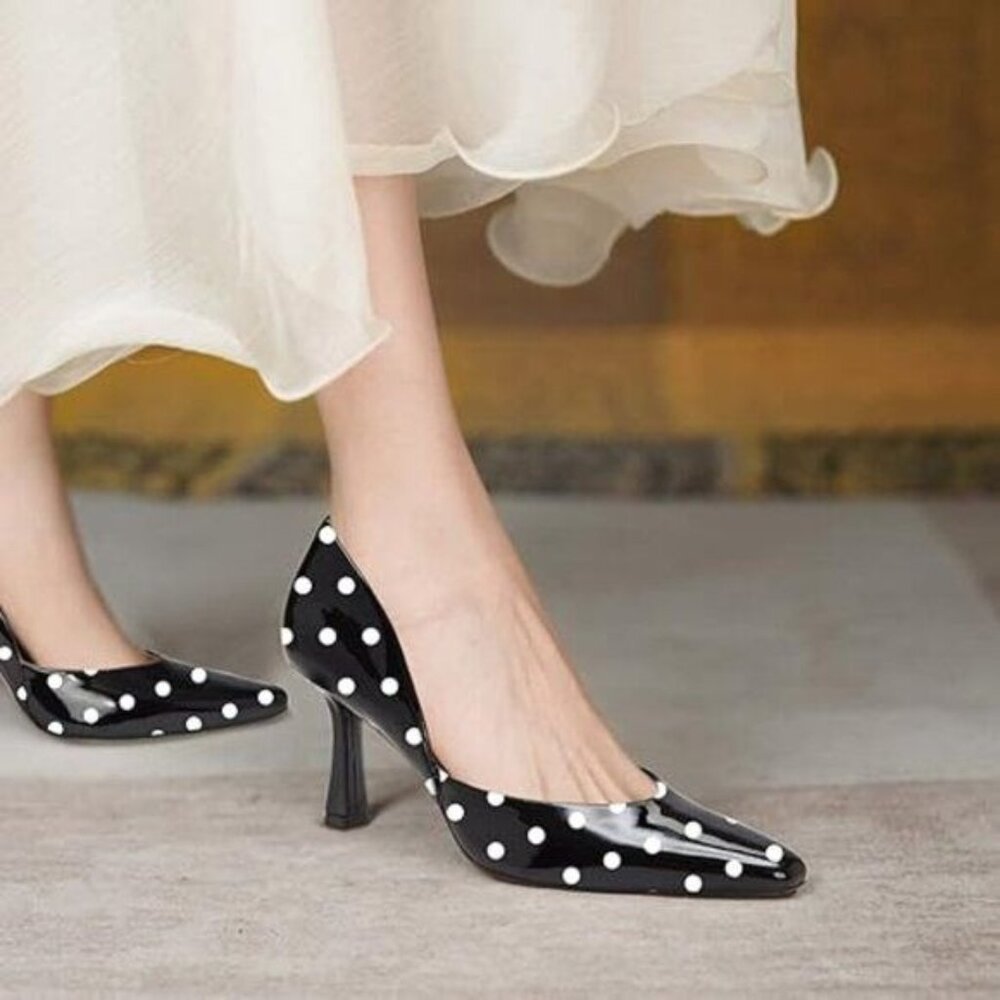 FOWT Black Spring Fashion V-Cut Splicing Flared Heel Slip on Black Pumps